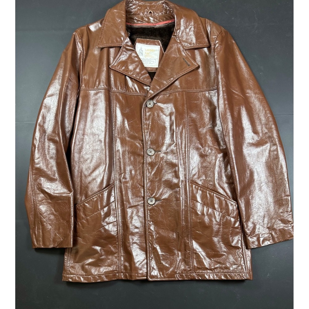Vintage London Fog Brown Leather Car Coat Men's 42L Long Zip-Out Faux Fur Liner